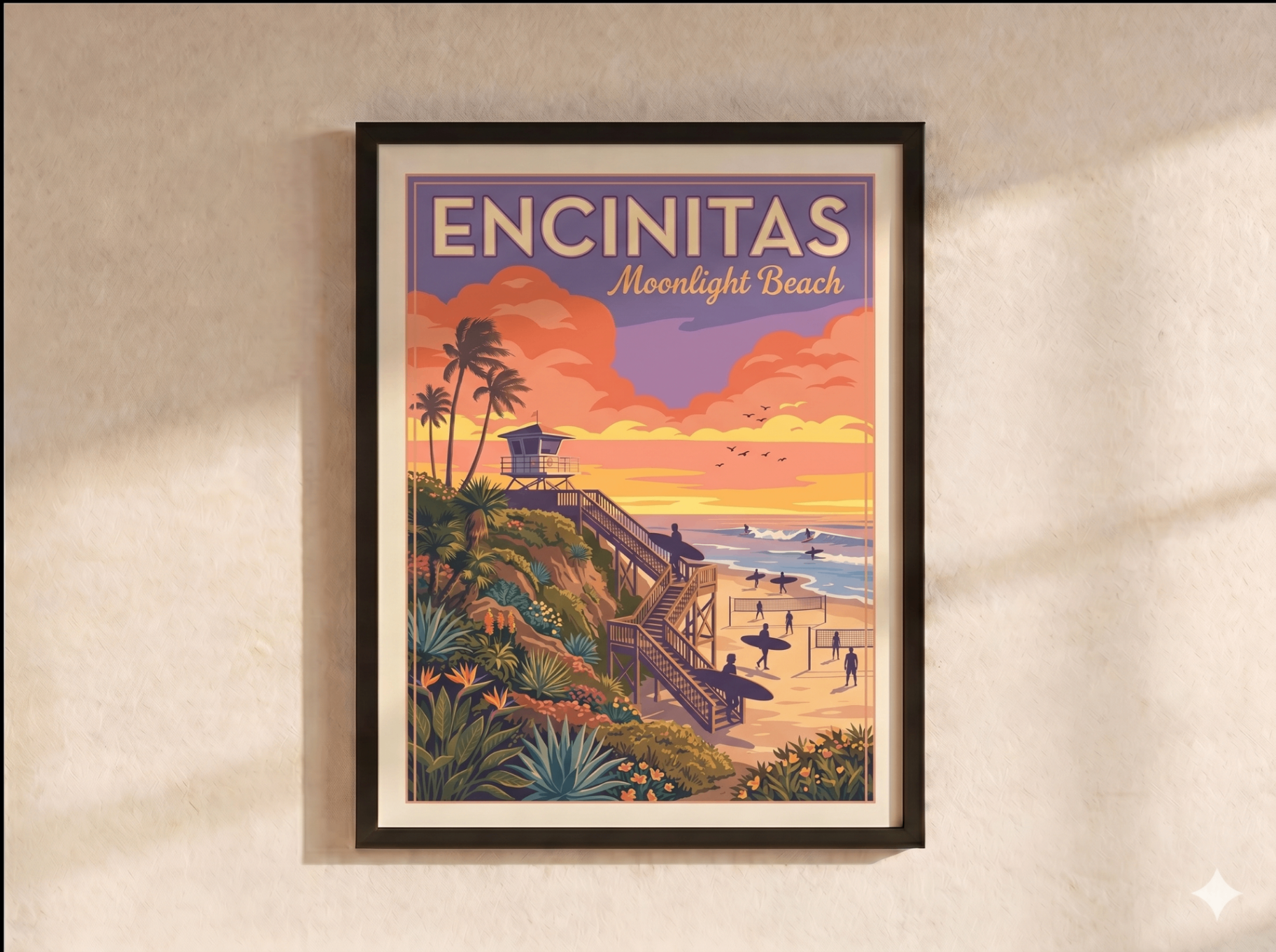Framed Encinitas poster on a wall