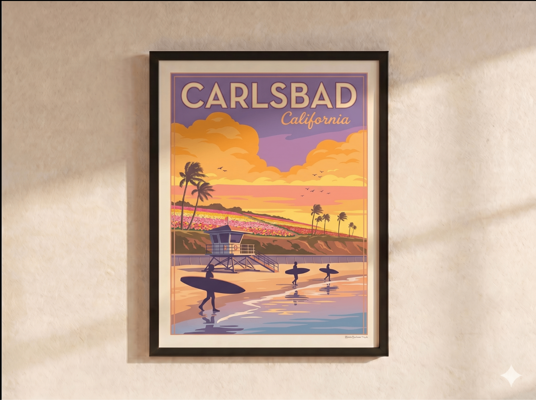 Framed Carlsbad poster on a wall