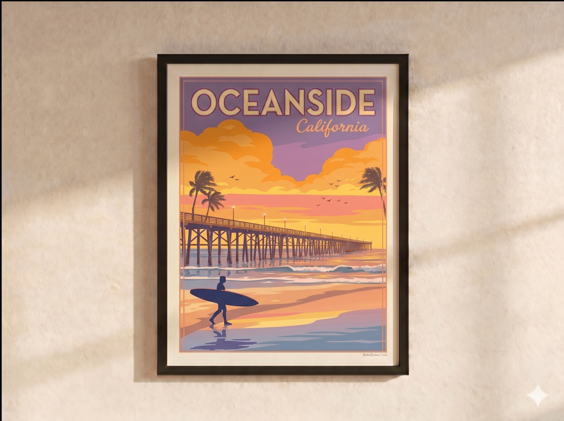 Framed Oceanside poster on a wall
