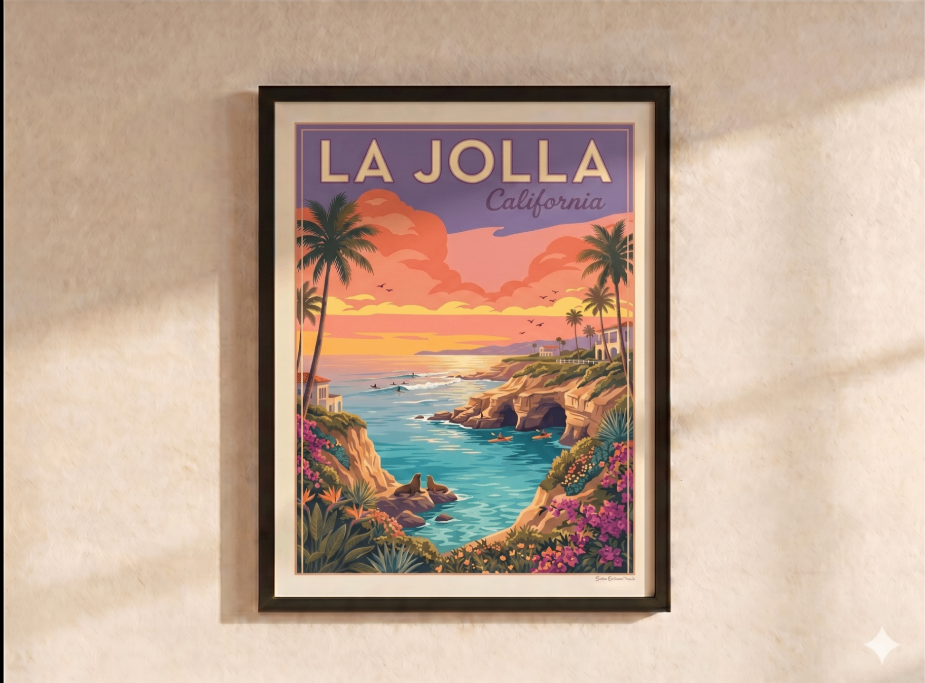 Framed La Jolla poster on a wall
